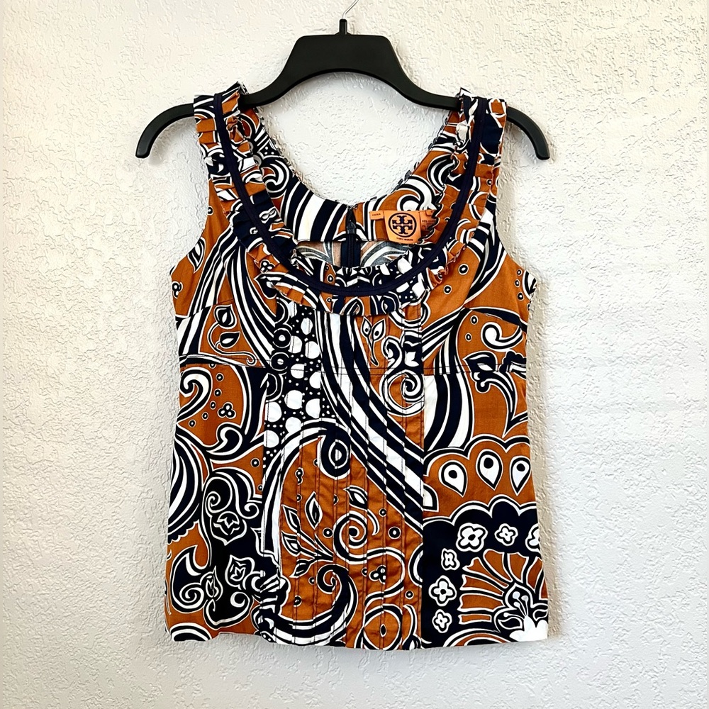 Tory Burch Floral Blue Brown Ruffled Sleeveless Tank Top Casual Blouse